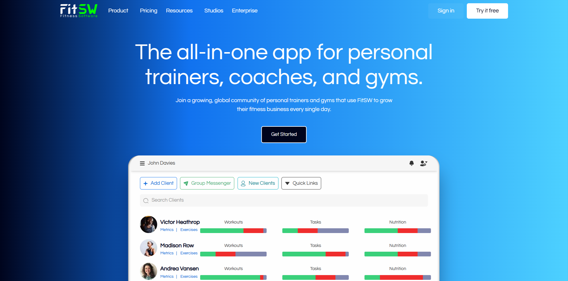 FitSW Budget Personal Trainer Software Alternative FitSW personal trainer software with workout planning, nutrition tracking, habit coaching, payments, and client management features.