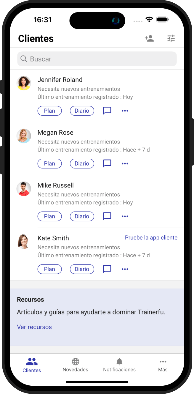 Software para entrenador personal: vista de clientes